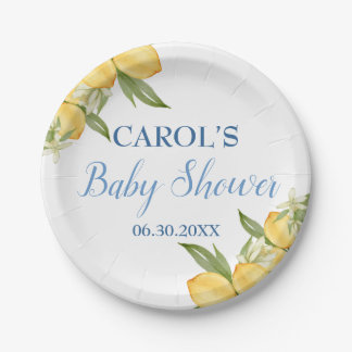 Baby Boy Positano Lemons Blue Pattern Baby Dusche Pappteller