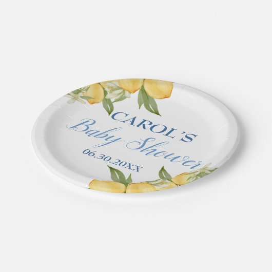 Baby Boy Positano Lemons Blue Pattern Baby Dusche Pappteller (Schrägansicht)
