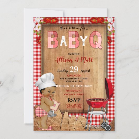 Baby Boy Red Gingham Wood Blume Baby Q Barbecue Einladung (Vorderseite)