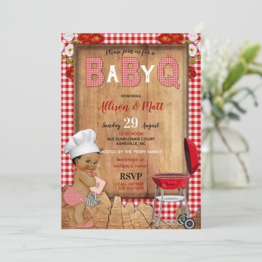 Baby Boy Red Gingham Wood Blume Baby Q Barbecue Einladung (Stehend Vorderseite)