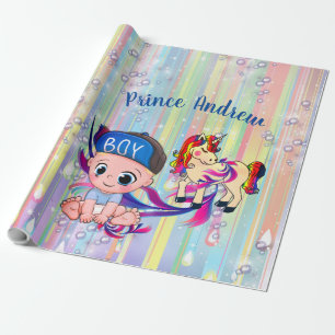Baby Boy Regenbogen Bubbles & Unicorns Kinderdusch Geschenkpapier