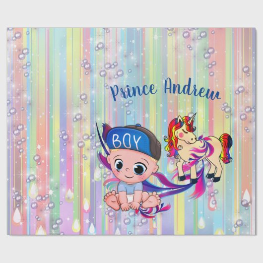 Baby Boy Regenbogen Bubbles & Unicorns Kinderdusch Geschenkpapier (Flach)