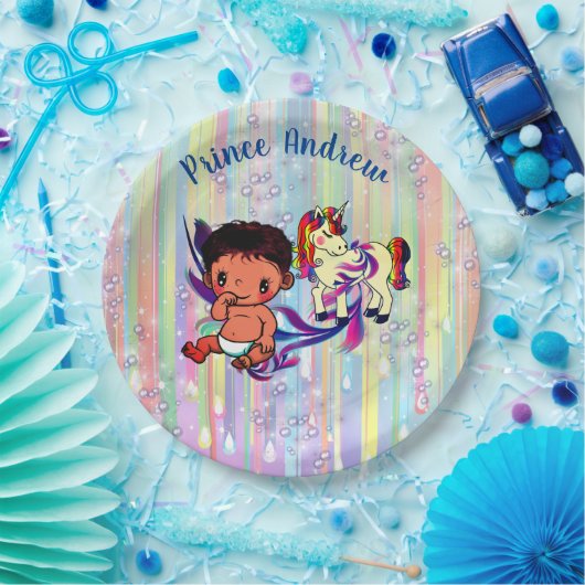 Baby Boy Regenbogen Bubbles & Unicorns Kinderdusch Pappteller (Party)