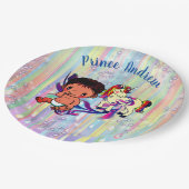 Baby Boy Regenbogen Bubbles & Unicorns Kinderdusch Pappteller (Schrägansicht)