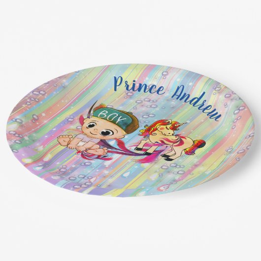 Baby Boy Regenbogen Bubbles & Unicorns Kinderdusch Pappteller (Schrägansicht)