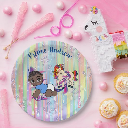 Baby Boy Regenbogen Bubbles & Unicorns Kinderdusch Pappteller (Party)