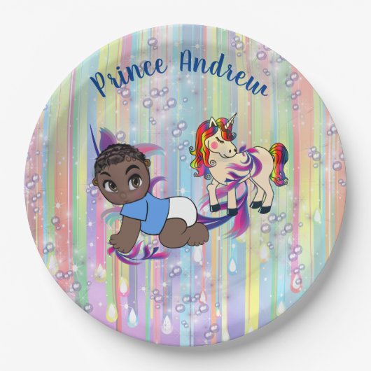 Baby Boy Regenbogen Bubbles & Unicorns Kinderdusch Pappteller (Vorderseite)