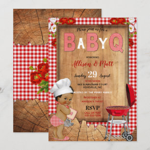 Baby Boy Rot Gingham Holz Blumen Baby Q Barbecue Einladung