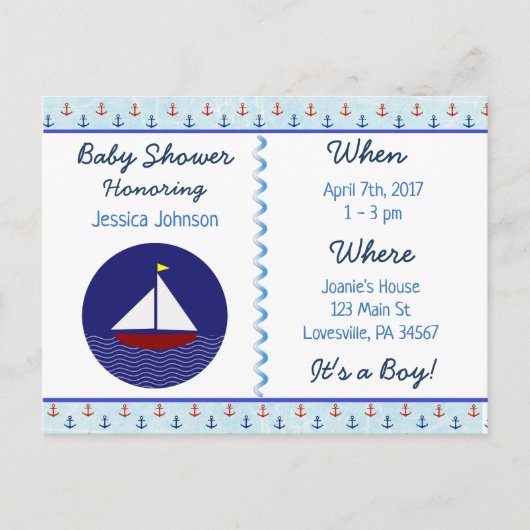 Baby Boy Sailboat Blue Baby Dusche Einladung (Vorderseite)