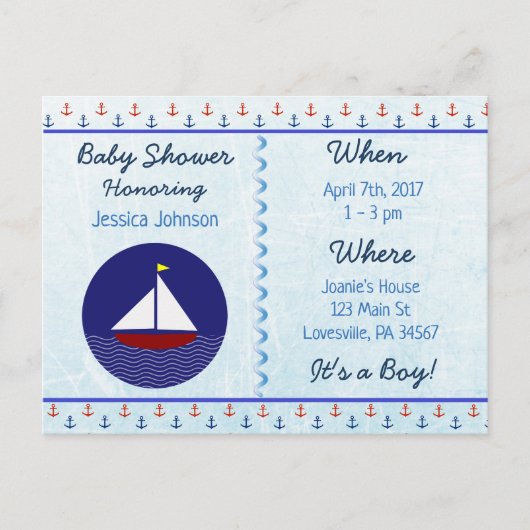 Baby Boy Sailboat Blue Baby Dusche Einladung (Vorderseite)