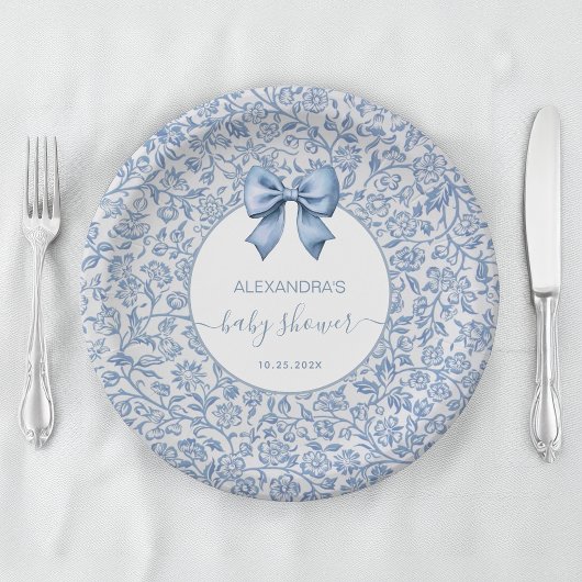 Baby Boy Shower Blau-Weißes Blumenmuster Bow Pappteller
