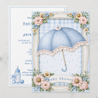 Baby Boy Shower Blaue Regenschirm Regentropfen   Einladung