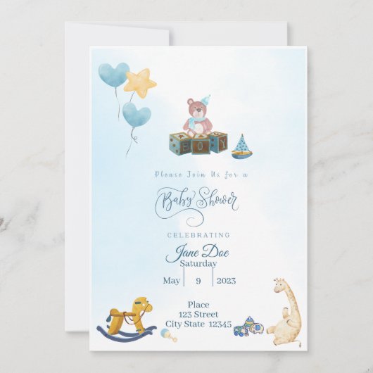Baby Boy Shower Blue mit Teddy Bear Einladung (Vorderseite)