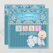 BABY BOY SHOWER Damask Einladung (Vorne/Hinten)