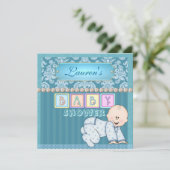 BABY BOY SHOWER Damask Einladung (Stehend Vorderseite)