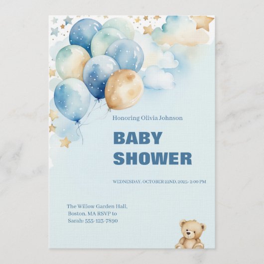 Baby Boy Shower Invitation | Blue Teddy Bear Einladung (Vorderseite)