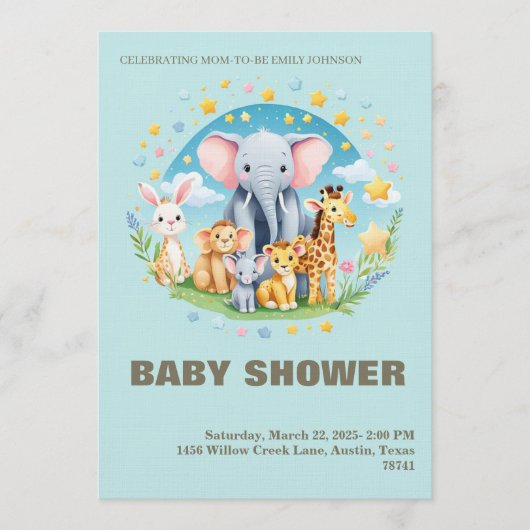 Baby Boy Shower Invitation Cartoon Animals Einladung (Vorderseite)