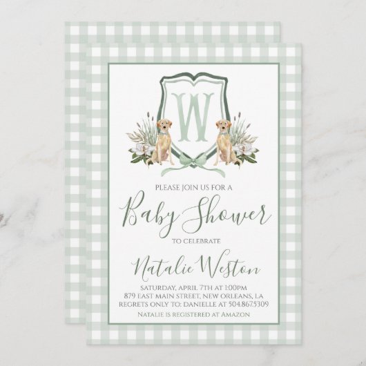 Baby Boy Shower Preppy Dog Southern Green Gingham Einladung (Vorne/Hinten)