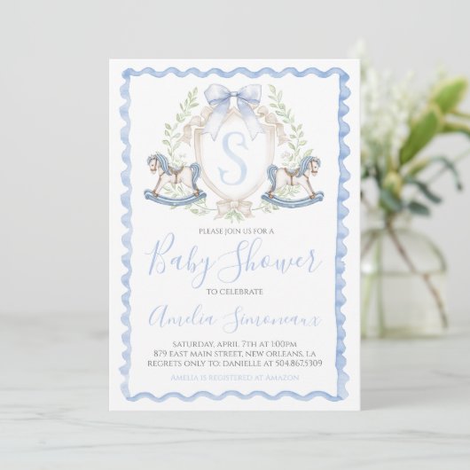 Baby Boy Shower Rocking Pferd Preppy Gingham Blue Einladung (Stehend Vorderseite)