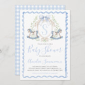 Baby Boy Shower Rocking Pferd Preppy Gingham Blue Einladung (Vorne/Hinten)
