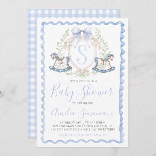 Baby Boy Shower Rocking Pferd Preppy Gingham Blue Einladung (Vorne/Hinten)