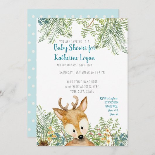 Baby Boy Shower Woodland Forest Deer Forest Ferns Einladung (Vorne/Hinten)