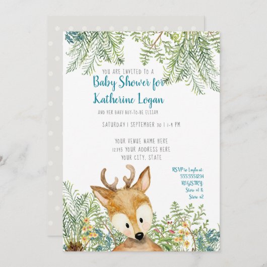 Baby Boy Shower Woodland Forest Deer Forest Gray Einladung (Vorne/Hinten)