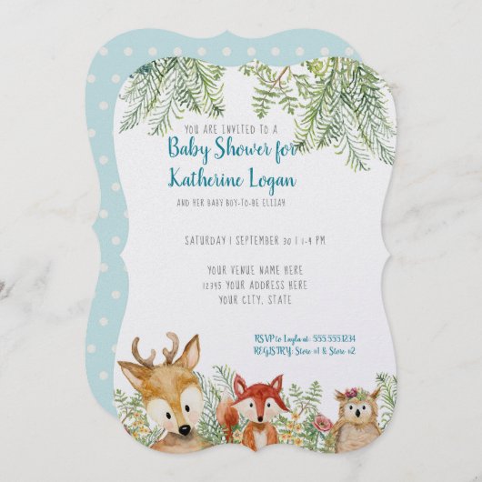 Baby Boy Shower Woodland Tiere Hirsche, Fox n Owl Einladung (Vorne/Hinten)