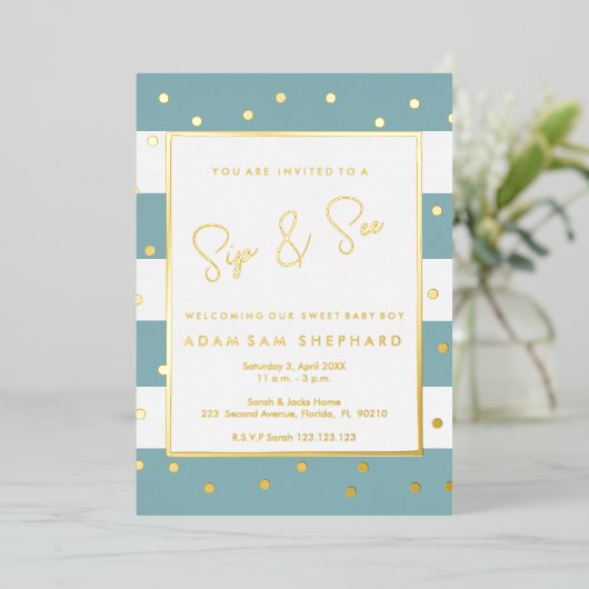 Baby Boy Sip and See Invitation - Elegante Dusche Folieneinladung (Stehend vorne)