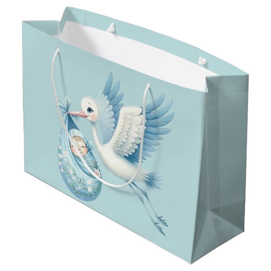 Baby Boy Stork Große Geschenktüte (Rückseite Schrägansicht)