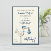Baby Boy Stork Niedlich Inspirivity Baby Dusche Einladung (Stehend Vorderseite)