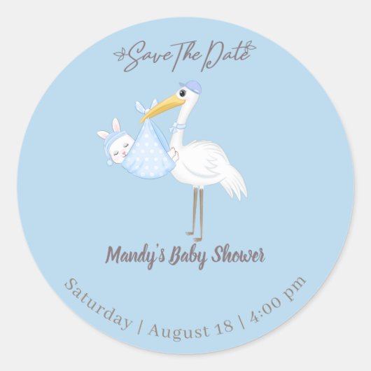 Baby Boy Stork Rabbit Save the Date Runder Aufkleber (Vorderseite)