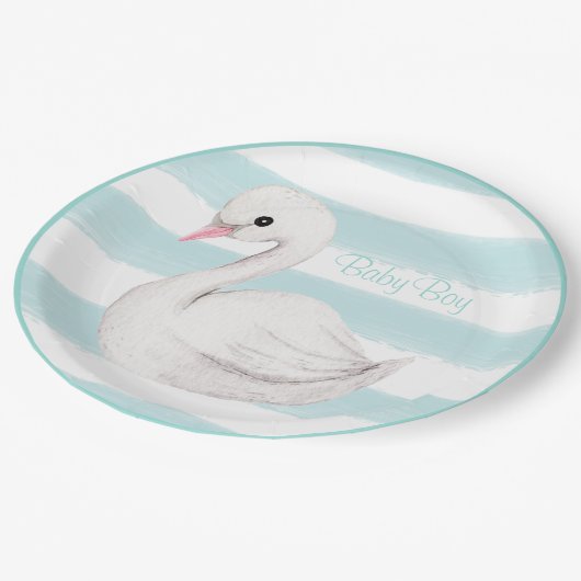 Baby Boy Swan Blue Script Baby Dusche Pappteller (Schrägansicht)