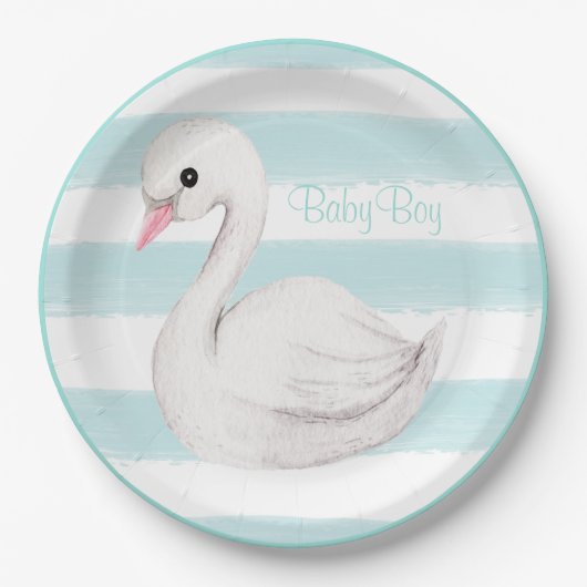 Baby Boy Swan Blue Script Baby Dusche Pappteller (Vorderseite)