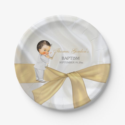 Baby Boy Taufe Christening Gold White Pappteller (Vorderseite)