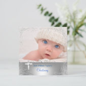 Baby Boy Taufe Christening Silver Cross Einladung (Stehend Vorderseite)