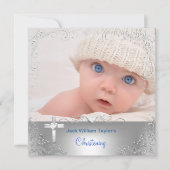 Baby Boy Taufe Christening Silver Cross Einladung (Vorderseite)