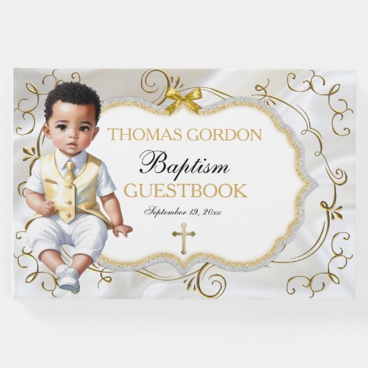 Baby Boy Taufe Christening White & Gold Cross Gästebuch (Vorderseite)
