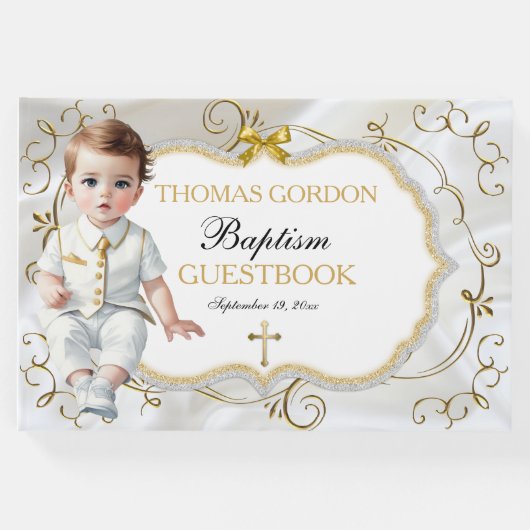 Baby Boy Taufe Christening White & Gold Cross Gästebuch (Vorderseite)