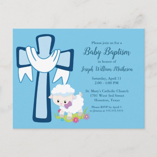 Baby Boy Taufe Little Lamb Niedliche Einladung Postkarte (Vorderseite)