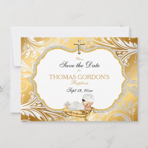 Baby Boy Taufe Rett Gold Cross Save The Date Meine Einladungskarten De