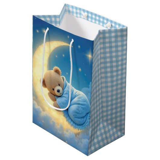 Baby Boy Teddy Bear auf dem Mond Mittlere Geschenktüte (Vorderseite Schrägansicht)