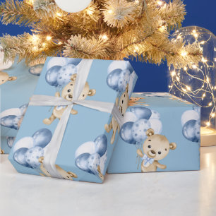 Baby Boy Teddy Bear Blue Watercolor Wrapping Paper Geschenkpapier