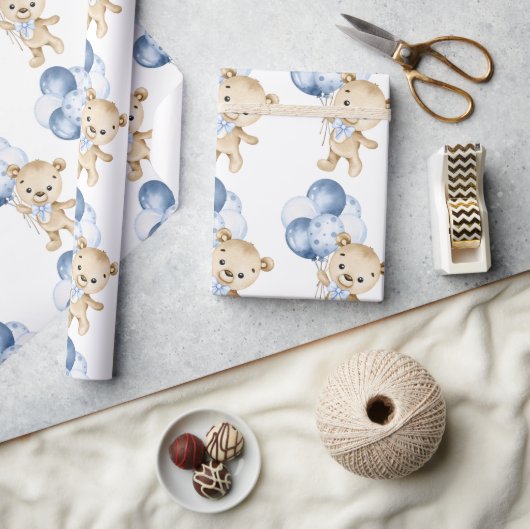 Baby Boy Teddy Bear Blue Watercolor Wrapping Paper Geschenkpapier (Kunsthandwerk)