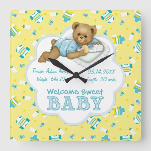 Baby Boy Teddy Bear Quadratische Wanduhr (Vorderseite)