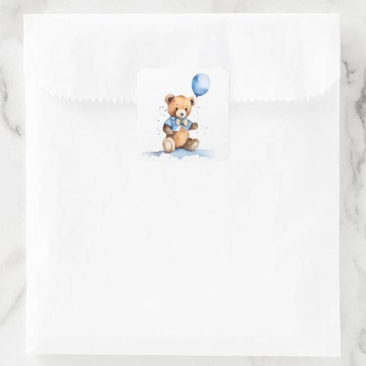 Baby Boy Teddy Bear With Blue Balloon Quadratischer Aufkleber (Tasche)