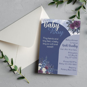 Baby Boy, tiefe Blau-/Lila-Blumen-Baby-Party Einladung