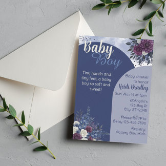 Baby Boy, tiefe Blau-/Lila-Blumen-Baby-Party Einladung