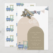 Baby Boy Trains und Flugzeug Babydusche Einladung (Vorne/Hinten)