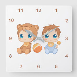 Baby Boy Twins Bear Jumpsuit 2 Quadratische Wanduhr